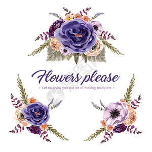 花酒花束设计与水彩插图菊花紫色艺术绘画牡丹树叶玫瑰手绘背景图片