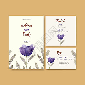 花酒婚礼卡设计与郁金香禾本科水彩它制作图案绘画插图植物艺术手绘染色植物群紫色庆典创造力背景图片