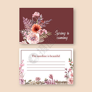 干花明信片设计与玫瑰康乃馨叶水彩插图绘画花束植物群玫瑰蕨叶艺术花蕾卡片树叶手绘背景图片