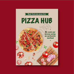 披萨海报设计与披萨南瓜水彩插图背景图片