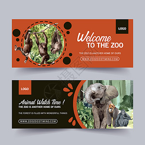 带有大象猴水彩插图的动物园横幅设计图片素材