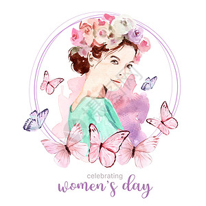 妇女日花环设计与水彩插图艺术庆典绘画玫瑰手绘蝴蝶国际背景图片
