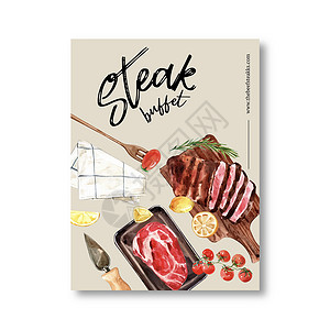 牛排海报设计与烤肉鲜肉水彩插图背景图片