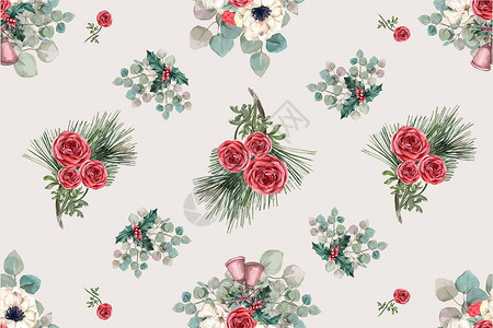玫瑰水彩冬花图案设计与海葵叶水彩插图设计图片