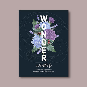 冬季绽放海报设计与牡丹菊水彩插图背景图片
