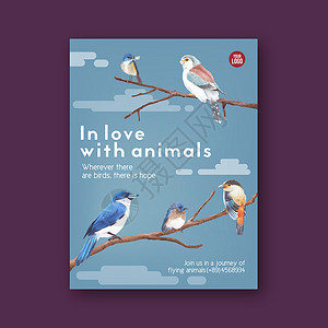 昆虫和鸟类海报设计与水彩插图展示雀科野生动物创造力艺术绘画蓝色动物蓝尾背景图片