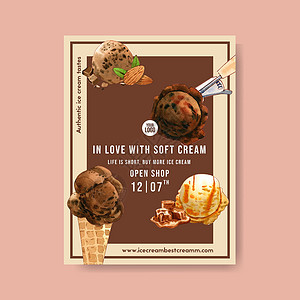 冰淇淋海报设计与巧克力香草锥水彩插图背景图片