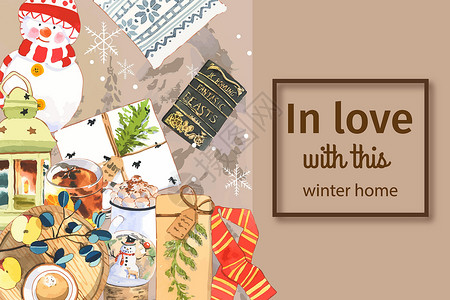 冬季家庭布景设计配有雪人 灯笼水彩画水彩围巾棉花艺术打印树叶咖啡手绘绘画背景图片