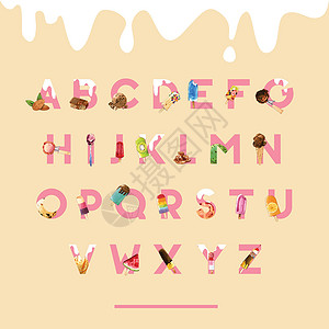 冰淇淋字母表设计配有巧克力 水果水彩色插图背景图片