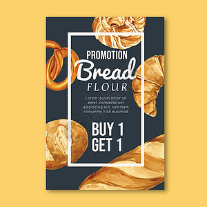 面包食物海报烤面包海报模板 面包和包包收集 家制 创造性水彩色矢量说明设计邀请函包子插图商业水彩早餐框架食物咖啡店广告插画