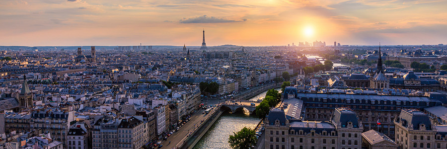 法国拉德芳斯巴黎 埃菲尔铁塔和拉德芳斯商业区的全景鸟瞰图 日落时的巴黎鸟瞰图 巴黎天际线与艾菲尔铁塔和的全景 法国巴黎街道首都吸引力天线背景