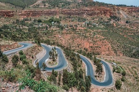 埃塞俄比亚西米安山的通航公路风景气候沙漠天线曲线运输公路沥青爬坡缠绕背景图片