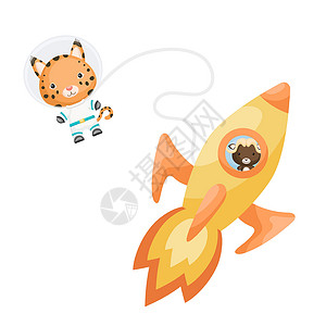 宝宝满月邀请函可爱的小麝香牛在黄色火箭中飞翔 卡通山猫角色在太空服装与火箭在白色背景 婴儿淋浴邀请卡墙装饰设计 它制作图案矢量插画