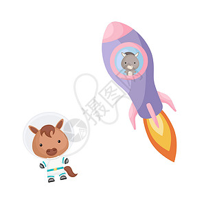 可爱的小驴在紫色火箭中飞翔 卡通马字符在太空服装与火箭在白色背景 婴儿淋浴邀请卡墙装饰设计 它制作图案矢量背景图片