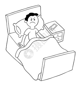 躺在床上的卡通人躺在床上 但生气无法入睡矢量图插图沮丧卧室艺术失眠男人手绘说谎悲伤警报设计图片