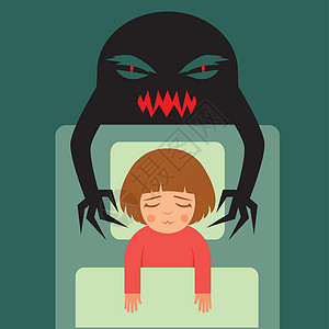 恶梦恶梦卡通片插图想像力卧室说谎婴儿男生怪物枕头失眠背景图片