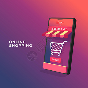 购物界面关于移动应用程序概念的在线购物 手机上的 3D 在线商店插画