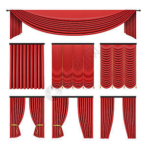 红色窗帘设置在孤立的白色背景上的经典风格 逼真的 3d 豪华矢量图收藏婚礼电影大厅场景窗户抹布剧院布料房间背景图片