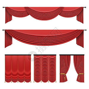 红色窗帘设置在孤立的白色背景上的经典风格 逼真的 3d 豪华矢量图织物抹布婚礼插图剧院天鹅绒推介会旗帜奢华场景背景图片