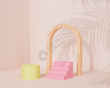 粉色向上楼梯带有拱门和楼梯的讲台或基座用于产品或广告在柔和的米色背景上带有热带叶影 3d 插图 rende背景
