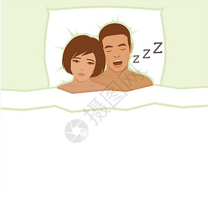 睡眠呼吸暂停打呼呼的男子丈夫噪音妻子夫妻卧室插图男人白色卡通片呼吸插画