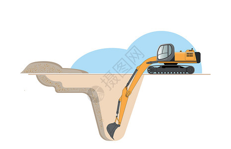 建筑工地的挖掘机开挖基坑插画