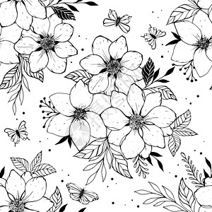 花朵画无缝花叶和蝴蝶素描 一束手绘的春天花朵和植物 素描风格的单色矢量图设计图片