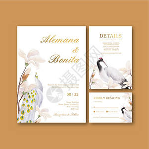 带有鸟和中国花卉概念 水彩风格的婚礼卡模板邀请函鸟类植物卡片文化装饰品营销手工问候语插图背景图片