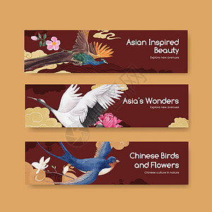 带有鸟和中国花卉概念的横幅模板 水彩风格广告鸟类装饰品文化植物群插图动物手工营销植物背景图片