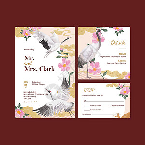 带有鸟和中国花卉概念 水彩风格的婚礼卡模板手工问候语植物文化植物群动物广告邀请函插图鸟类背景图片