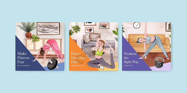 在家锻炼的横幅模板 水彩风格身体女孩插图数字瑜伽运动装女性营销有氧运动运动减肥高清图片素材