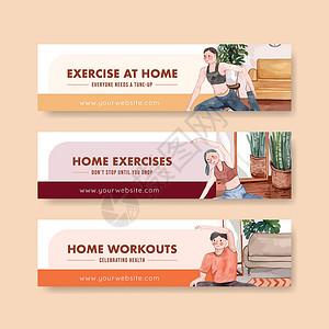 在家锻炼的横幅模板 水彩风格女性女士数字健身房运动装运动插图广告肌肉瑜伽有氧运动高清图片素材