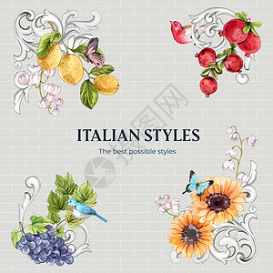 具有意大利风格概念的花束 水彩风格文化营销民俗黄色陶器墙纸陶瓷装饰品叶子制品背景图片