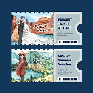 带有美国国家公园概念的门票模板 水彩风格冒险砂岩公园广告悬崖插图洞穴旅行卡通片婚礼背景图片
