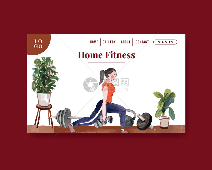 具有在家锻炼概念 水彩风格的网站模板广告数字家具活力瑜伽插图减肥肌肉互联网运动