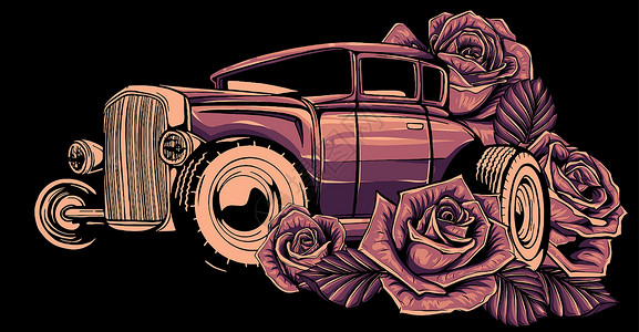 古典风格装饰玫瑰的老式汽车复古设计运输艺术海报边界插图贵族车轮古董背景图片