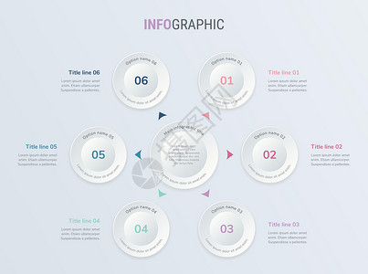 带有圆形元素的复古矢量信息图表时间线设计模板 内容时间表时间线图工作流程业务信息图表流程图  6 个选项信息图数据收藏技术箭头营背景图片