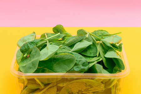 黄色背景透明塑料套件中新鲜的婴儿菠菜叶新片绿色生食植物绿叶草本植物排毒活食饮食减肥食物背景图片