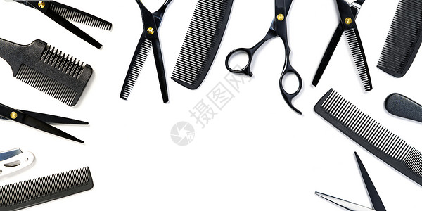 剪刀和理发服务梳子上的白色布局黑色发型创造力头发乐器沙龙塑料理发店美容院成套有创造力的高清图片素材