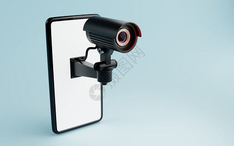 在蓝背景的白色智能手机显示上隔离的闭路电视安保摄像头 财产和房主概念内安全可靠的技术 复制空间 3D 插图背景