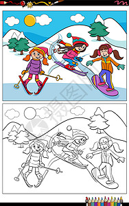 女孩滑雪速降卡通滑雪女孩人物着色书 pag设计图片