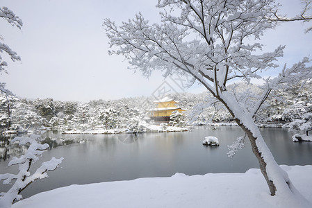 京角寺雪蓝色季节公园旅行地标历史天气金子寺庙花园背景图片