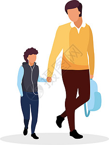 爸爸教孩子走路爸爸带着儿子步行上学半平面彩色矢量字符插画