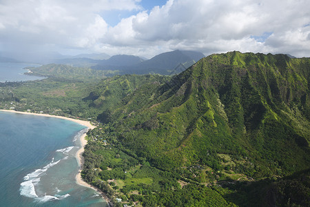 热带岛山Kauai海岸景观海洋旅行天线直升机旅游海滩绿色悬崖热带崎岖背景
