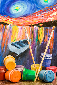 梵高的画以梵高为风格的绘画用水彩色卷子 油油漆 布鲁谢塞和木制彩皮笔艺术星星夜空孩子水粉童年星座森林模拟艺术品背景