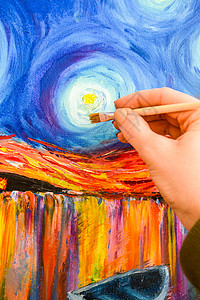 梵高的画画笔 手和油画布 艺术家的手 Acrylic和纸板上的全频谱 梵高星夜绣花奇思妙想颜料染料太阳爱好刺绣星星月亮星域背景