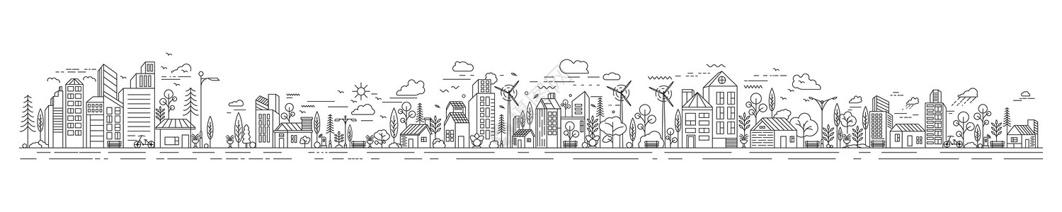 生态景观城市建筑线条艺术矢量插图模板公寓摩天大楼生态公园基础设施绘画草图房子旅行财产插画