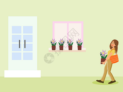 背着一扇门和一扇窗的花盆走路的女人背景图片