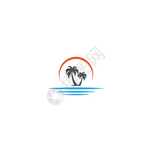 棕榈滩维生素标志概念蓝色排毒海洋情调太阳热带异国玻璃旅行叶子插画
