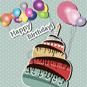 矢量图的生日贺卡与蛋糕和气球框架甜点摄影卡通片星星礼物巧克力糕点婴儿派对背景图片